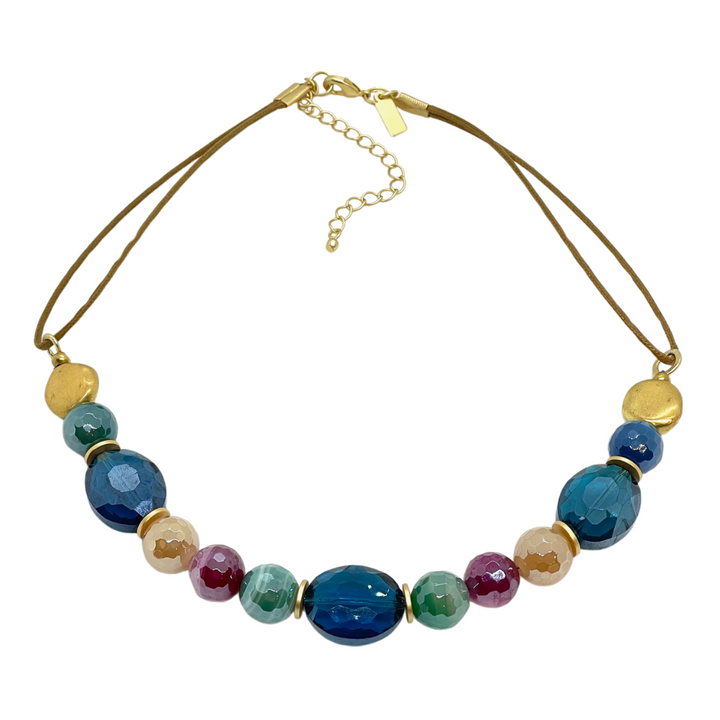 Multi Color Agate, Teal Crystal, and Flat Matte Gold Nugget Necklace