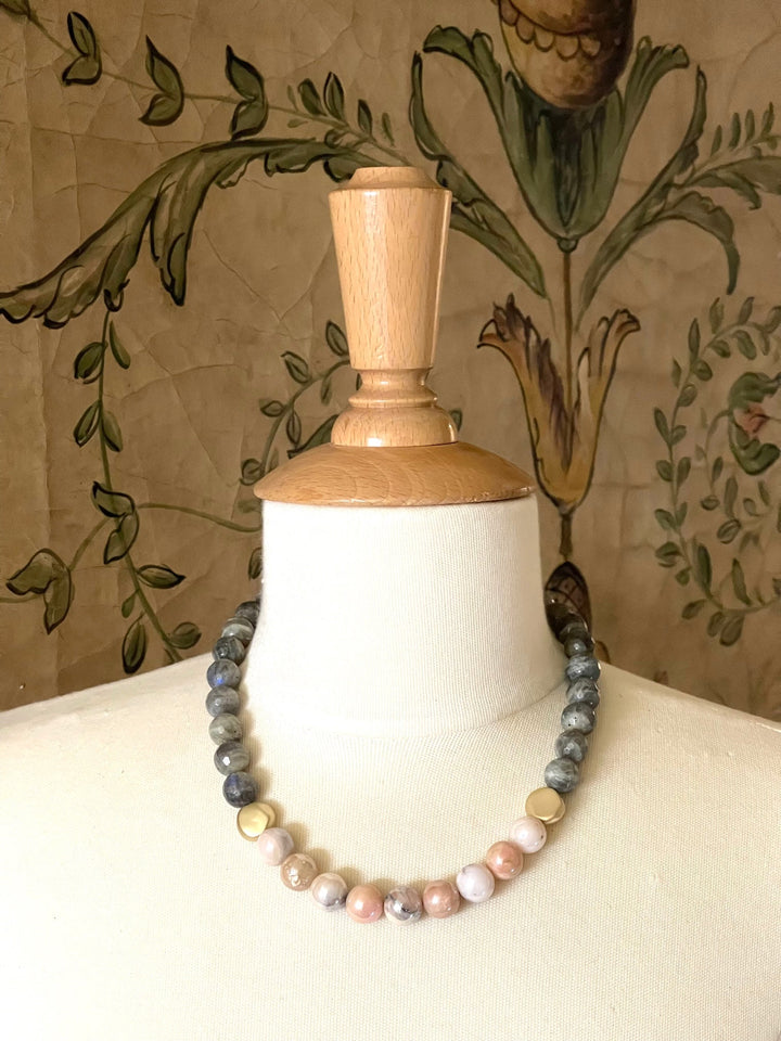 Natural Labradorite And Pink Opal Necklace With Matte Gold Accents