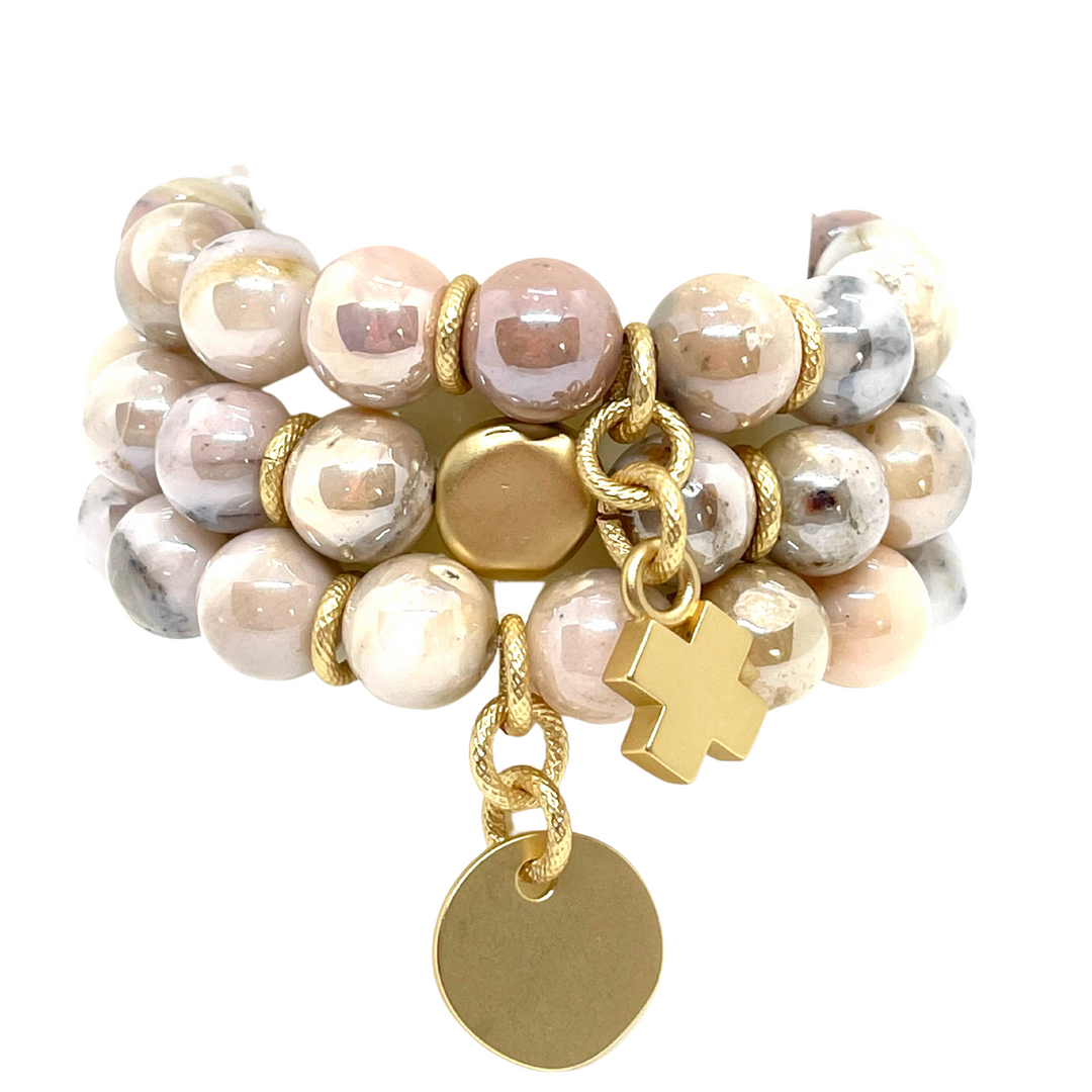 Natural Opal Matte Gold X Charm Stretch Bracelet