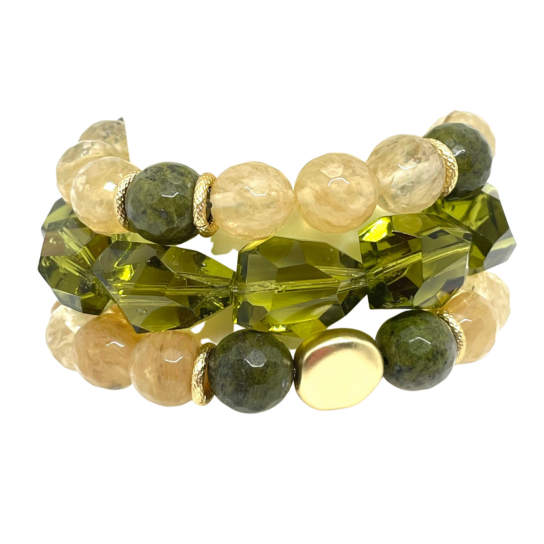 Champagne Quartz And Serpentine Stretch Bracelet With Matte Gold Nugget