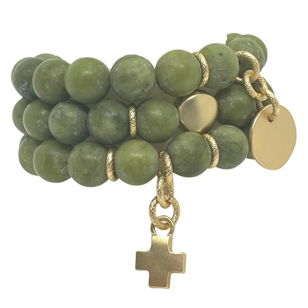 Olive Jade Matte Gold Charm Stretch Bracelet