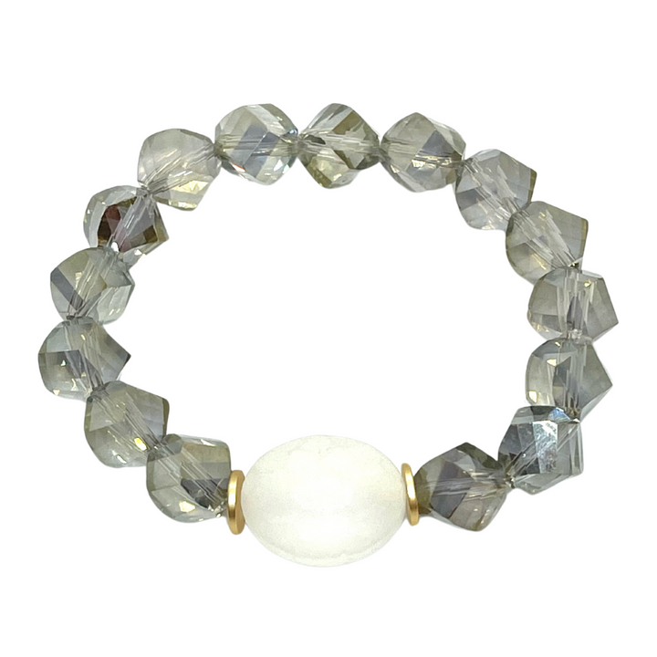 Matte White Crystal and Olive Crystal Stretch Bracelet