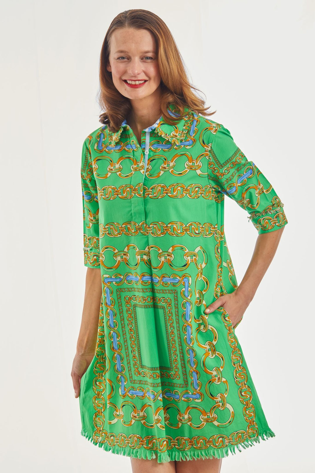 Chatham Dress Green Blue Link Print