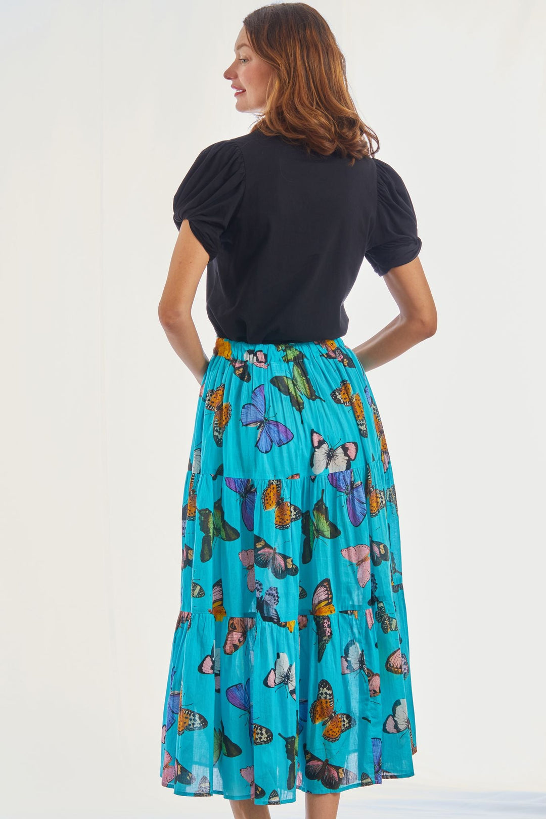 Woodstock Turquoise Butterfly Pull On Flounce Skirt