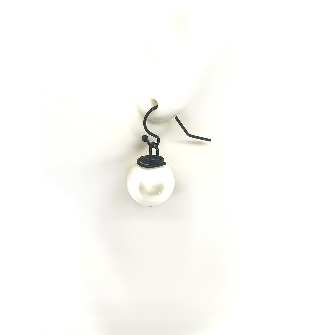 White Pearl Matte Black Top Wrap Wire Earring