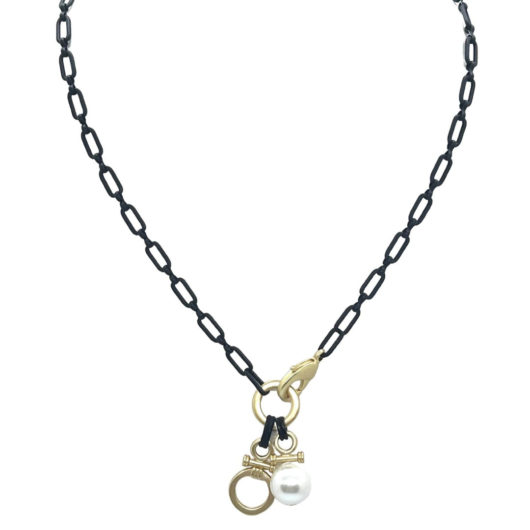 Pearl And Matte Gold Circle Double Charm Necklace On Matte Black Chain