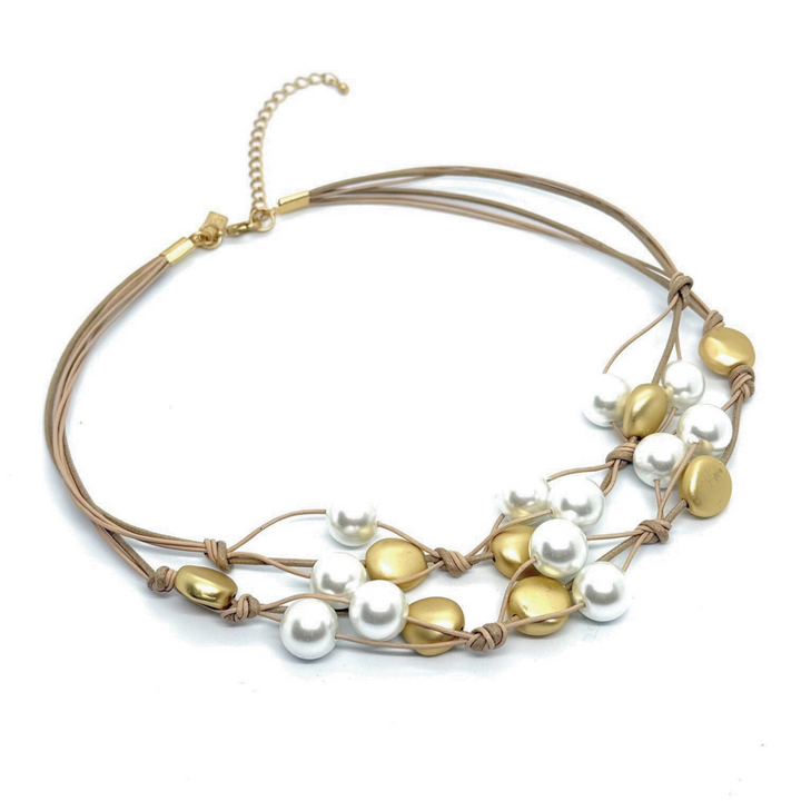 Pearl And Gold Nugget Two Strand Woven Necklace