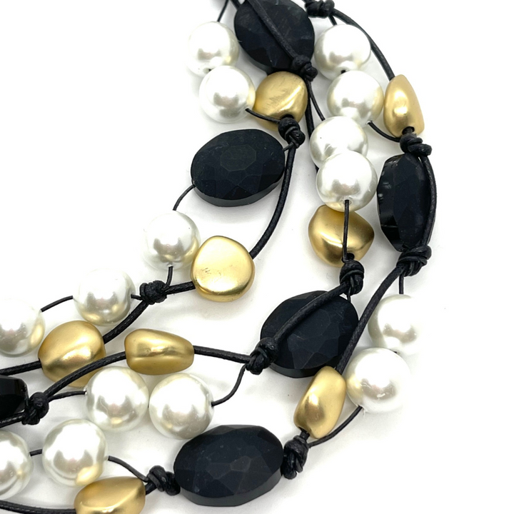 Matte Black Crystal, Pearl, Matte Gold Pebble Bead Torsade Necklace