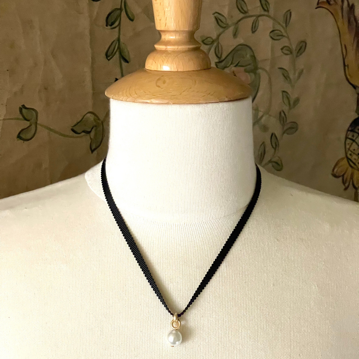 Pearl Pendant on Black Grosgrain Ribbon