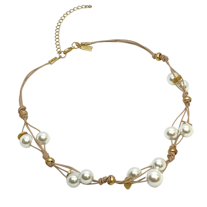 White Pearl Woven Leather Necklace