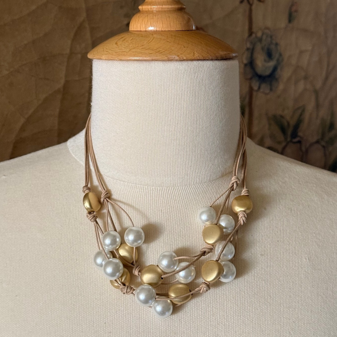 Pearl And Gold Nugget Two Strand Woven Necklace