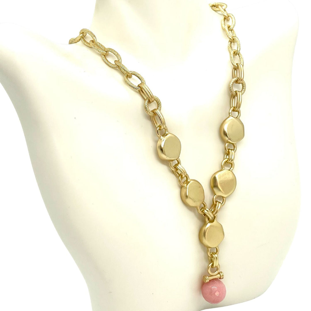 Pink Coral Jade And Matte Gold Flat Pebble Y Necklace