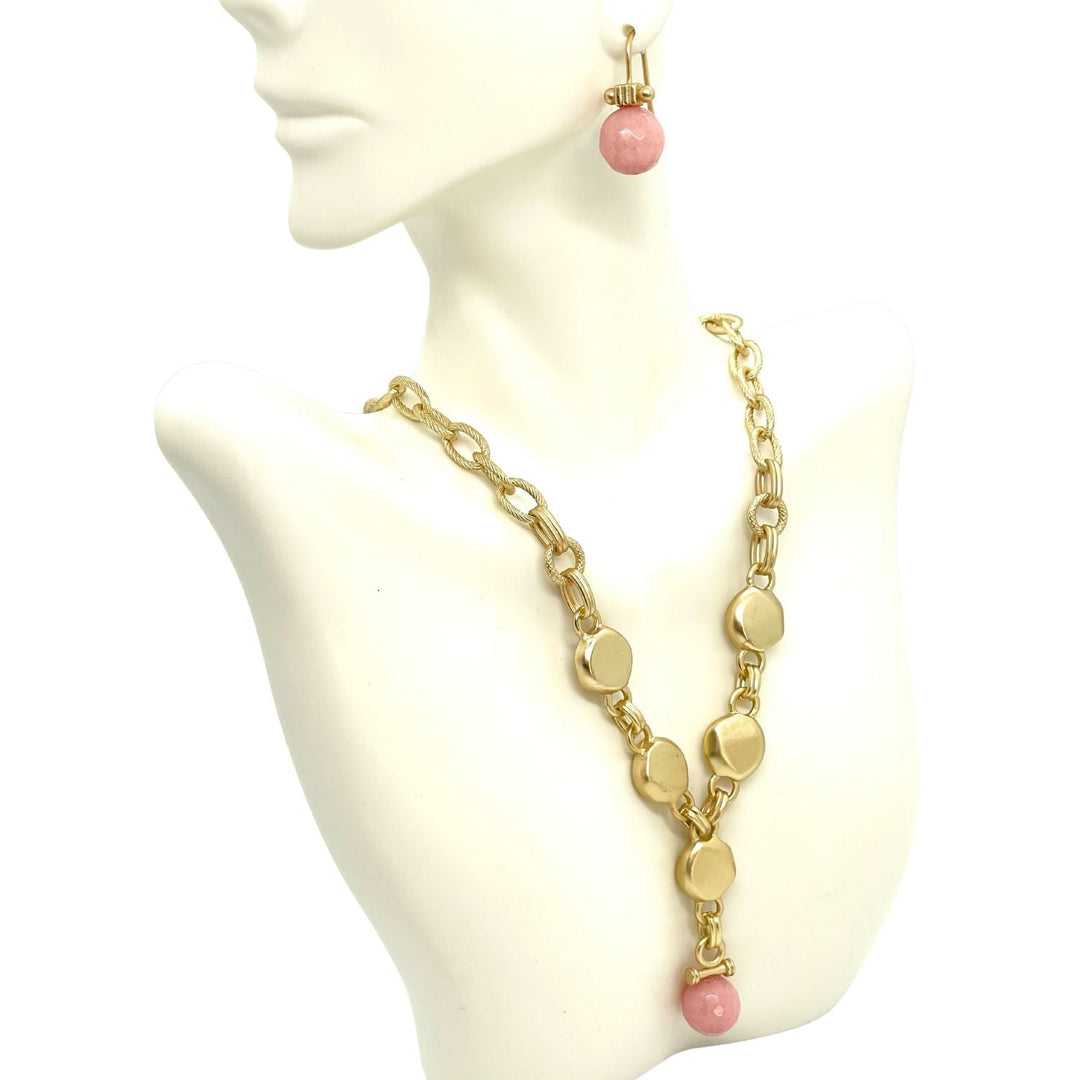 Pink Coral Jade And Matte Gold Flat Pebble Y Necklace