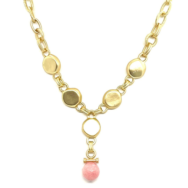 Pink Coral Jade And Matte Gold Flat Pebble Y Necklace