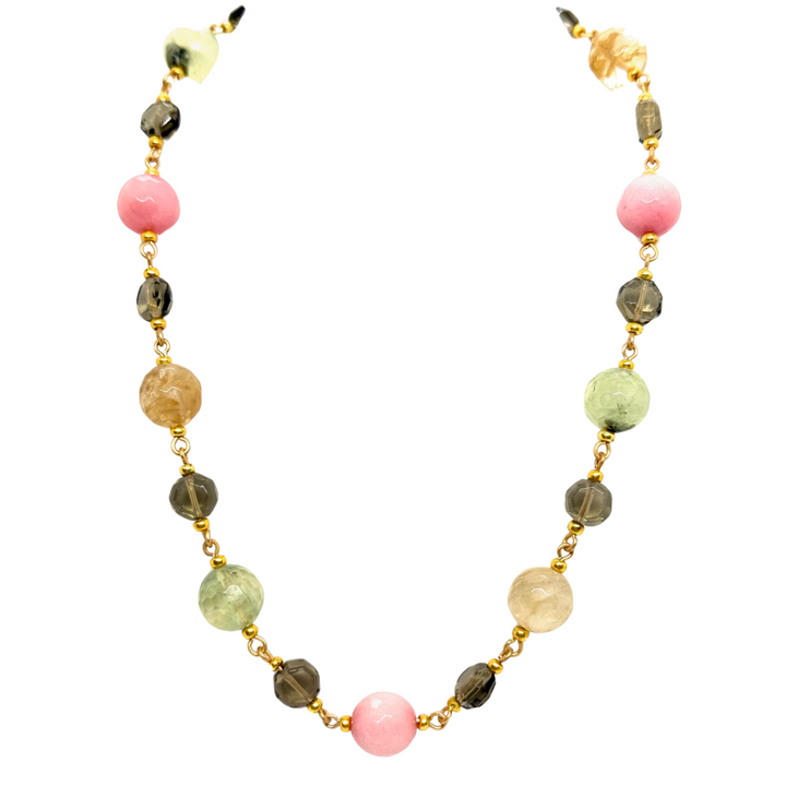 Pink Jade, Prehnite, Smoke Topaz, And Citrine Link Necklace