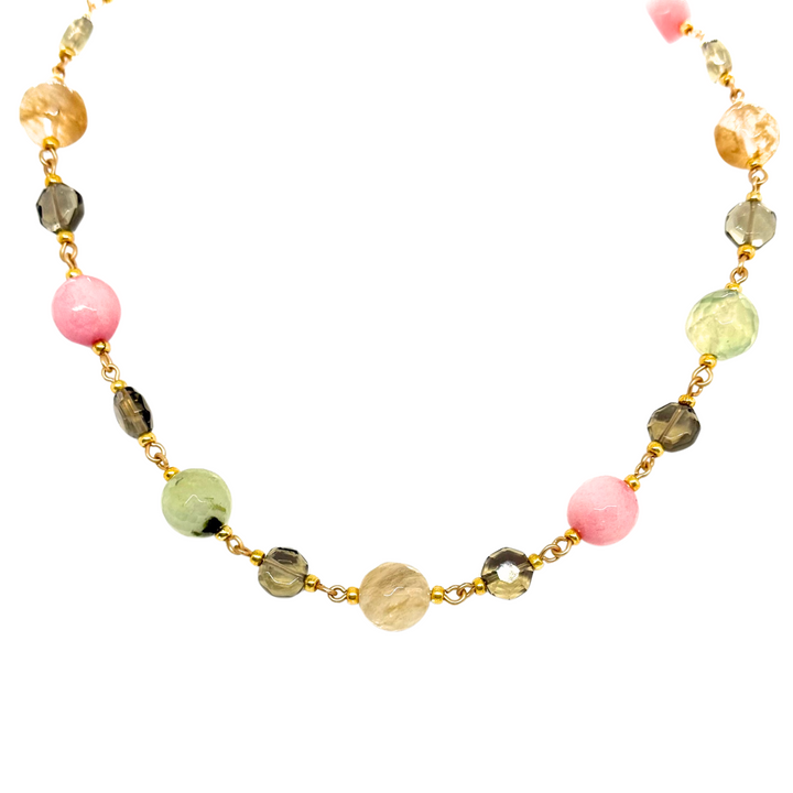 Pink Jade, Prehnite, Smoke Topaz, And Citrine Link Necklace