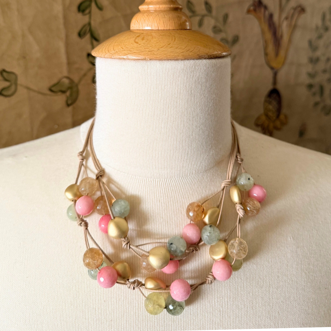 Pink Jade, Prehnite, And Citrine Quartz Two Strand Woven Necklace