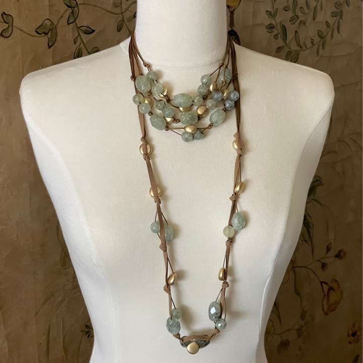 Prehnite and Matte Gold Nugget Necklace on Bronze Suded and Leather