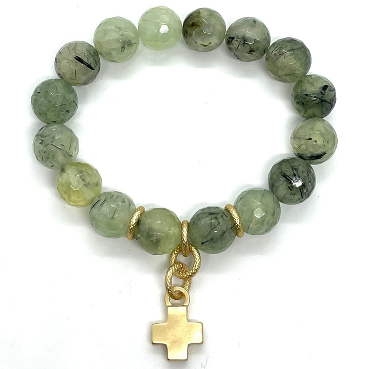 Prehnite Stretch Bracelet With Matte Gold Cross