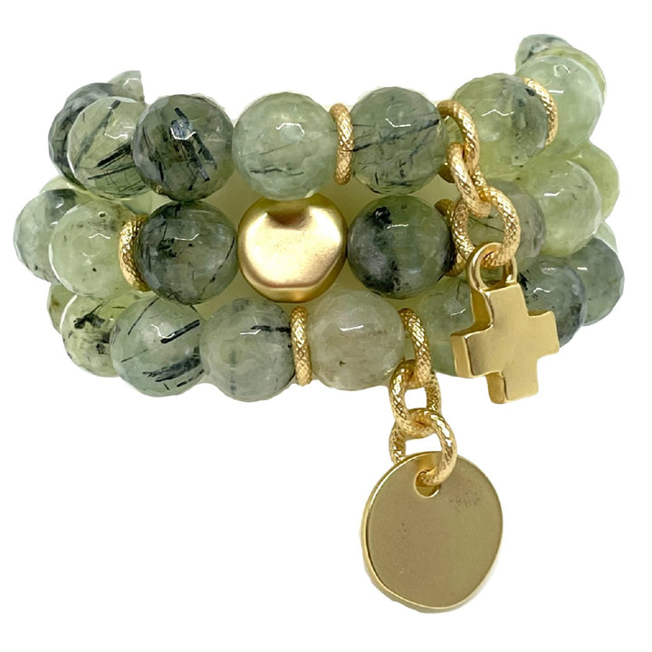 Prehnite Stretch Bracelet With Matte Gold Nugget