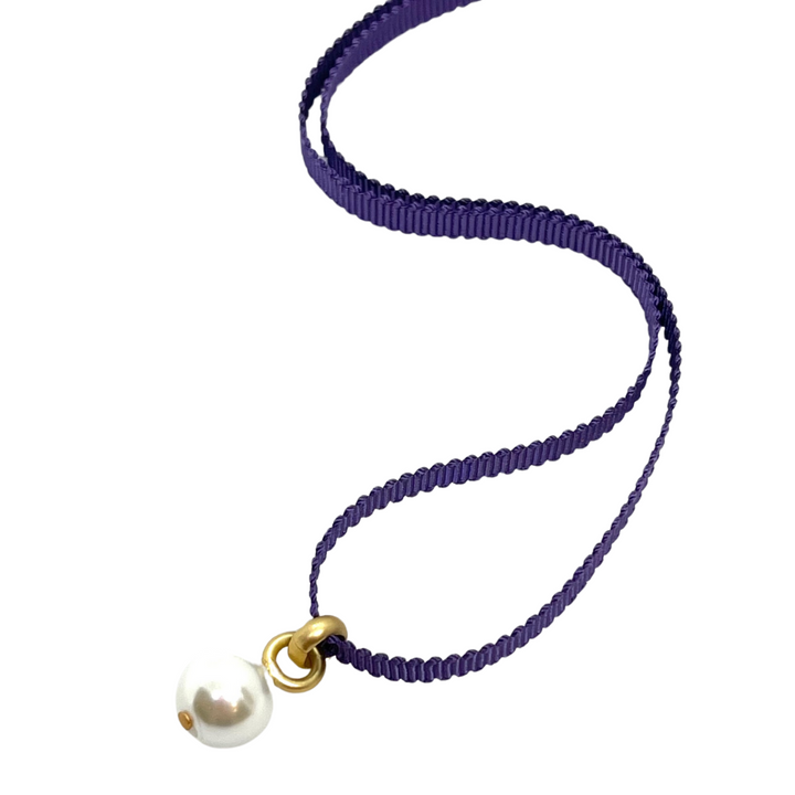 Pearl Pendant on Purple Grosgrain Ribbon Necklace