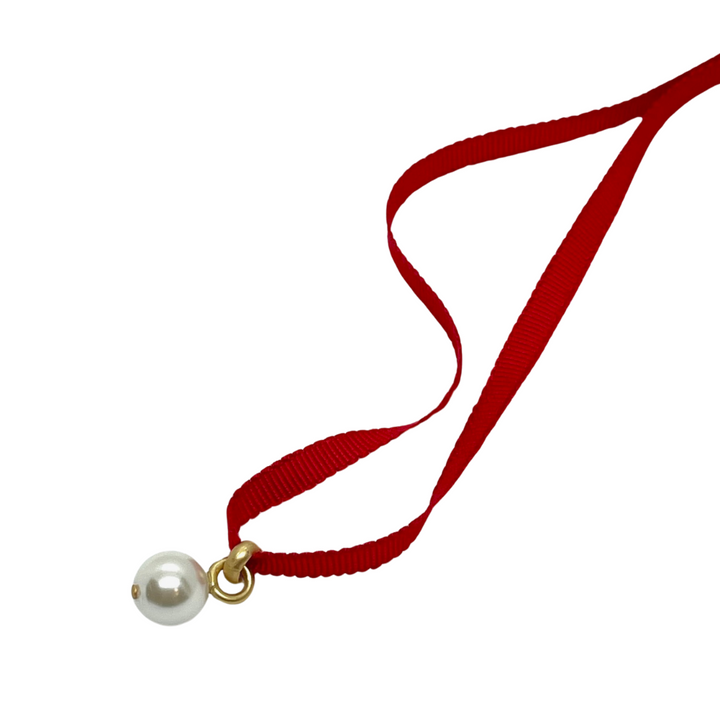 Pearl Pendant on Red Grosgrain Ribbon Necklace