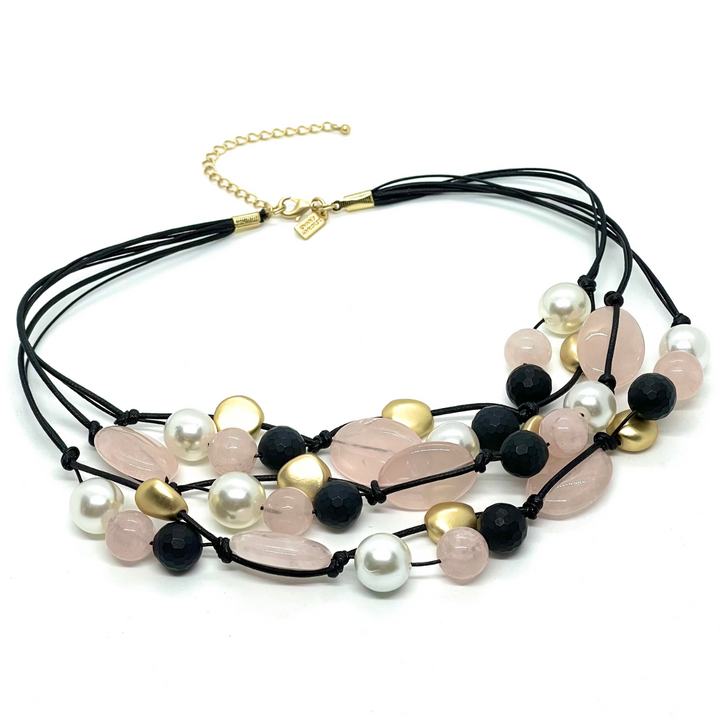 Rose Quartz, White Pearl and Black Onyx Torsade