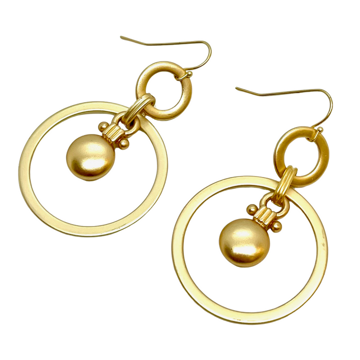 Matte Gold Round Charm In Matte Gold Loop Earrings