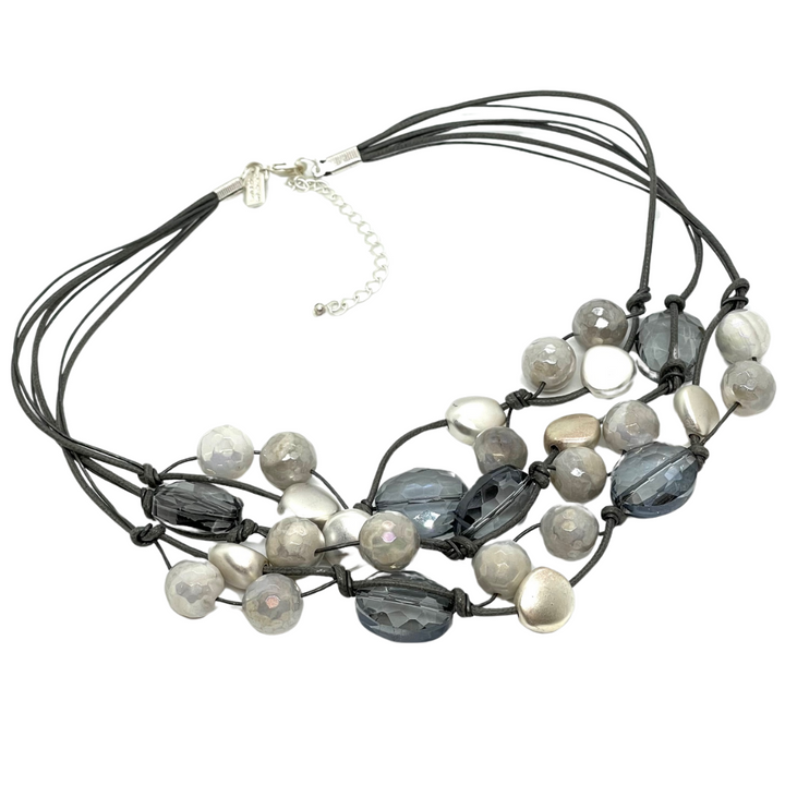 Snowflake Agate Gray Crystal, and Matte Silver Gray Leather And Linen Torsade Necklace