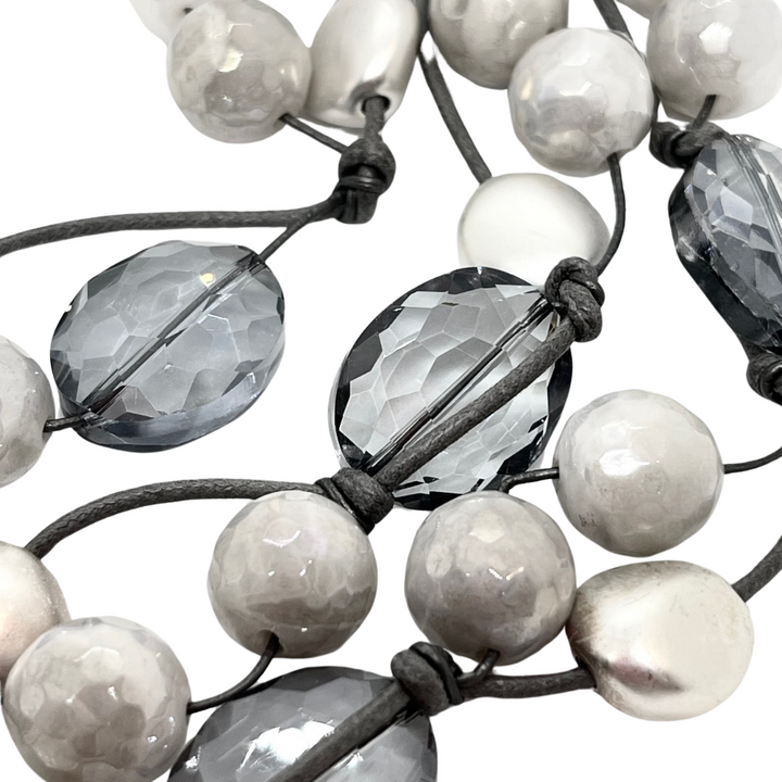 Snowflake Agate Gray Crystal, and Matte Silver Gray Leather And Linen Torsade Necklace