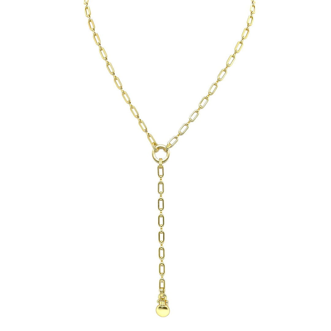 Matte Gold Paperclip Chain Y Necklace With Round Bar Pendant