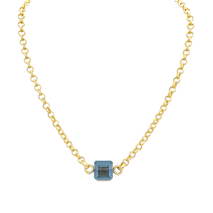 Square Blue Crystal On Matte Gold Chain Necklace