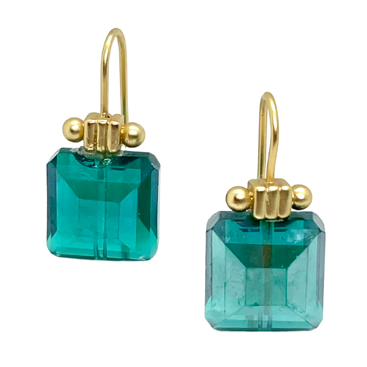 Square Emerald Crystal Matte Gold Column Earrings