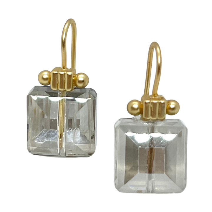 Square Light Smoke Crystal Matte Gold Column Earrings