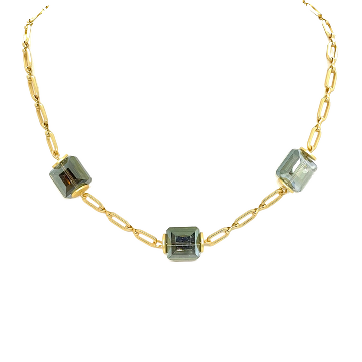 Square Olive Crystals on Matte Gold Chain Necklace