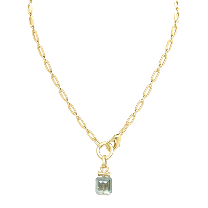 Square Olive Crystal Front Closure Necklace On Matte Gold Chain