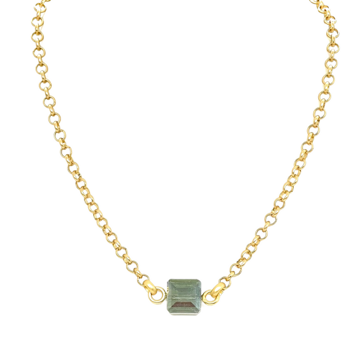 Square Olive Crystal On Matte Gold Chain Necklace