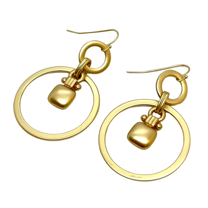 Matte Gold Square Charm In Matte Gold Loop Earrings