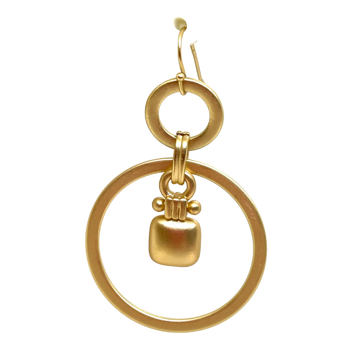 Matte Gold Square Charm In Matte Gold Loop Earrings