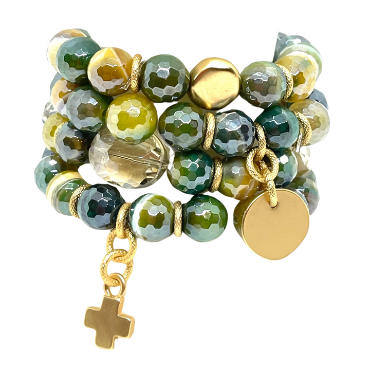 Oval Champagne Crystal Oval With Teal Glazed Agate Stretch Bracelet