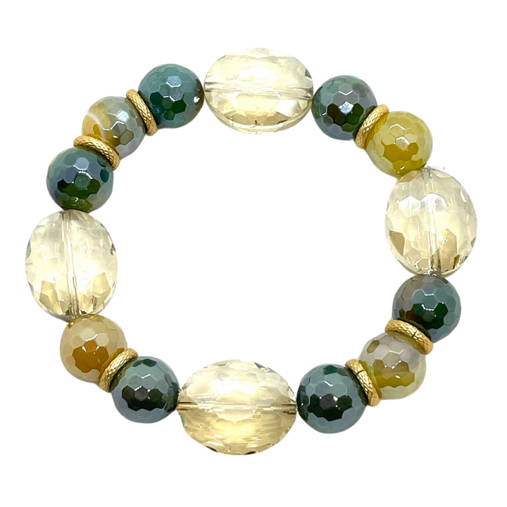 Oval Champagne Crystal Oval With Teal Glazed Agate Stretch Bracelet