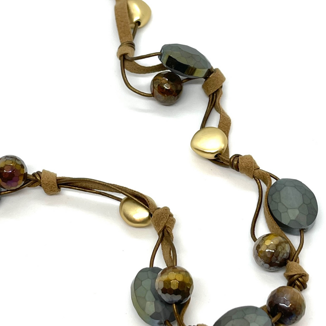 Matte Olive Crystal and Tigers Eye Long Necklace On Bronze Suede and Leather