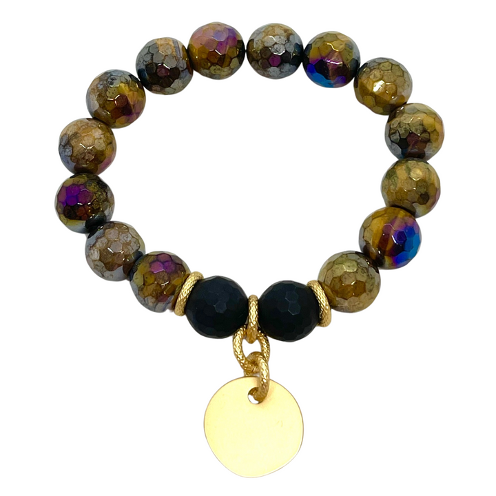 Tigers Eye And Black Onyx Stretch Bracelet With Matte Gold Charm