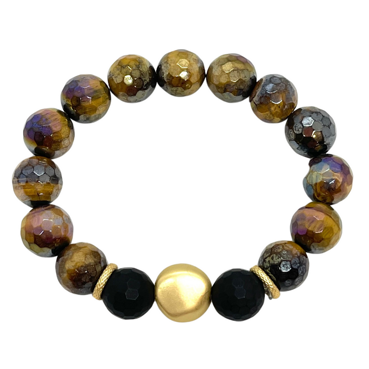 Tigers Eye, Black Onyx, And Gold Nugget Stretch Bracelet