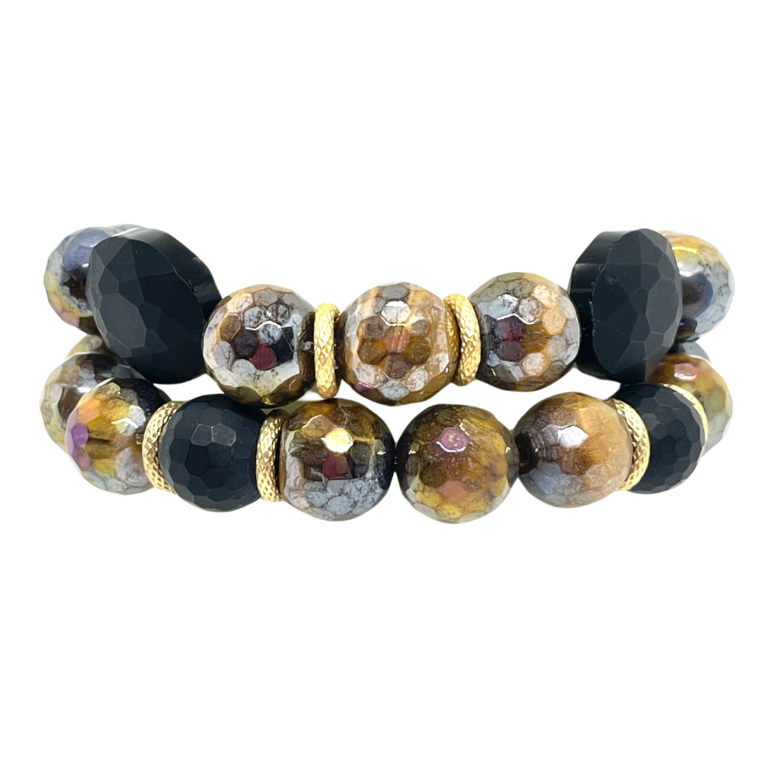 Matte Black Crystal Oval With Tigers Eye Stretch Bracelet