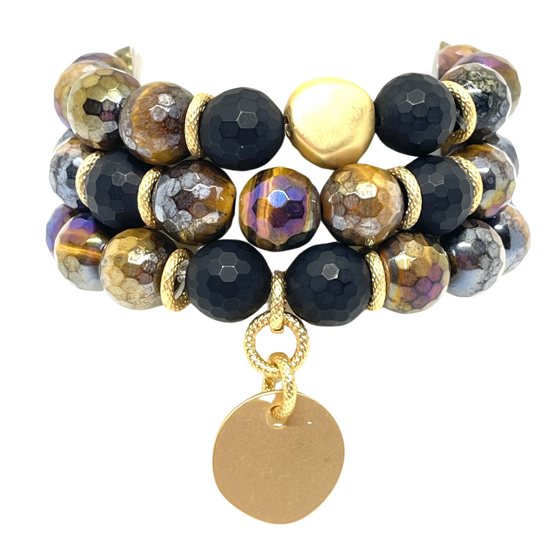 Tigers Eye And Black Onyx Stretch Bracelet With Matte Gold Charm