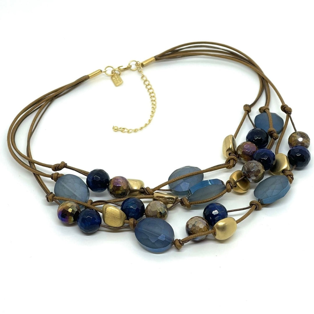 Blue And Brown Tigers Eye Toursade With Matte Blue Crystal And Gold Nugget Accents On Bronze