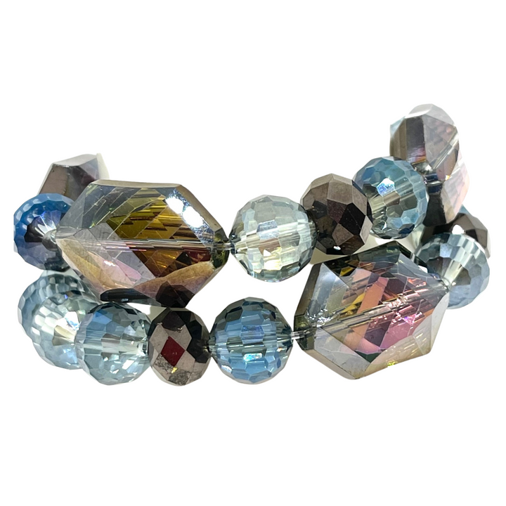 Metallic Brown Hexagon and Blue Disco Ball Crystal Stretch Bracelet