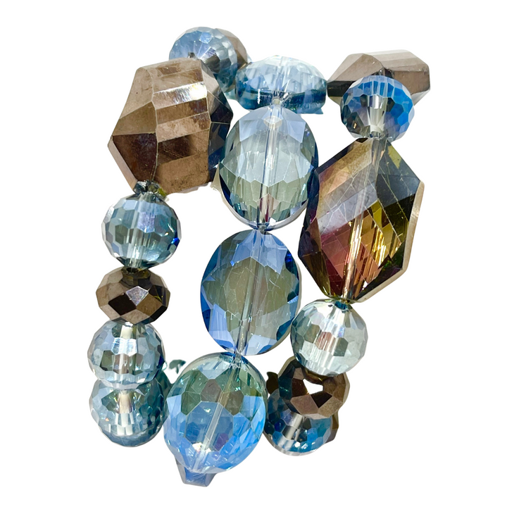 Metallic Brown Hexagon and Blue Disco Ball Crystal Stretch Bracelet