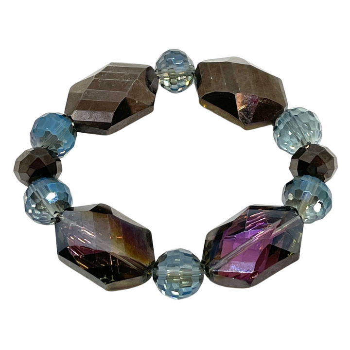 Metallic Brown Hexagon and Blue Disco Ball Stretch Bracelet